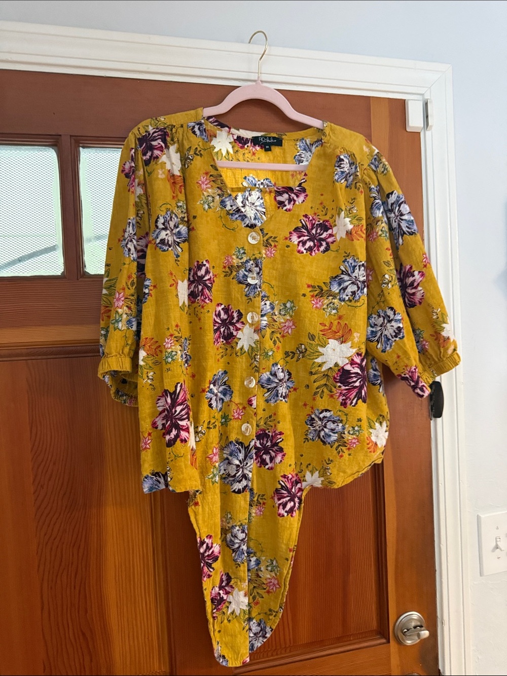 Boho Floral Button-Front Top in Mustard Yellow